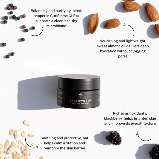 Earthwoven Soft Hydrating Moisturiser, with sweet almond oil, blackberry extract, SyriCalm, and CutiBiome for soothing hydration, ideal for sensitive, acne-prone, and eczema-prone skin.