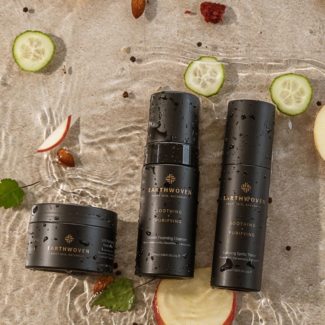Earthwoven Starter Kit featuring three full-sized skincare products: cleanser, toner, and moisturiser